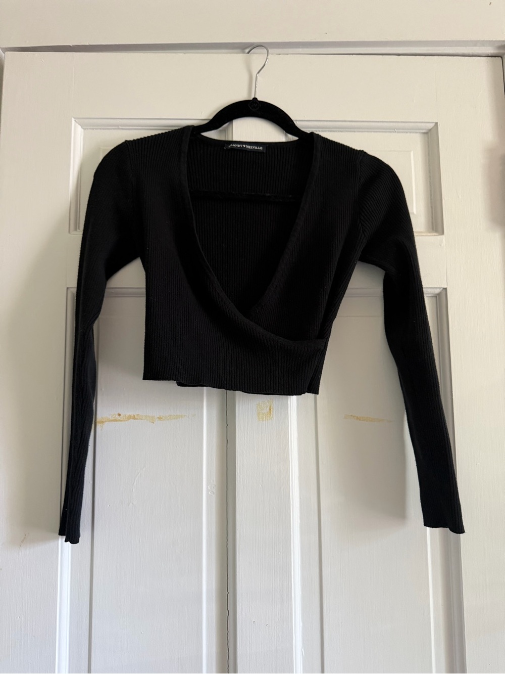 Brandy Melville Black Ribbed Wrap Long Sleeve Top